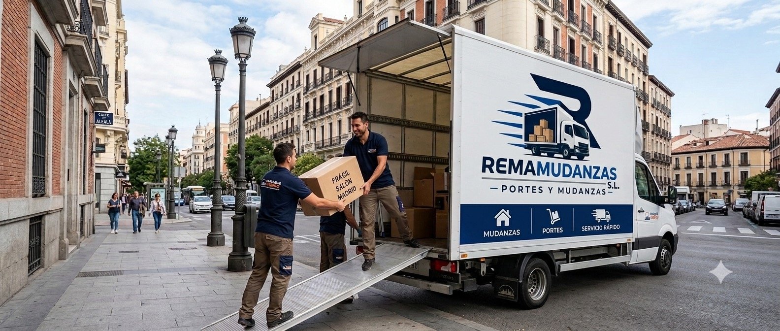 Camión de mudanzas en Madrid centro descargando cajas - REMA Mudanzas S.L.