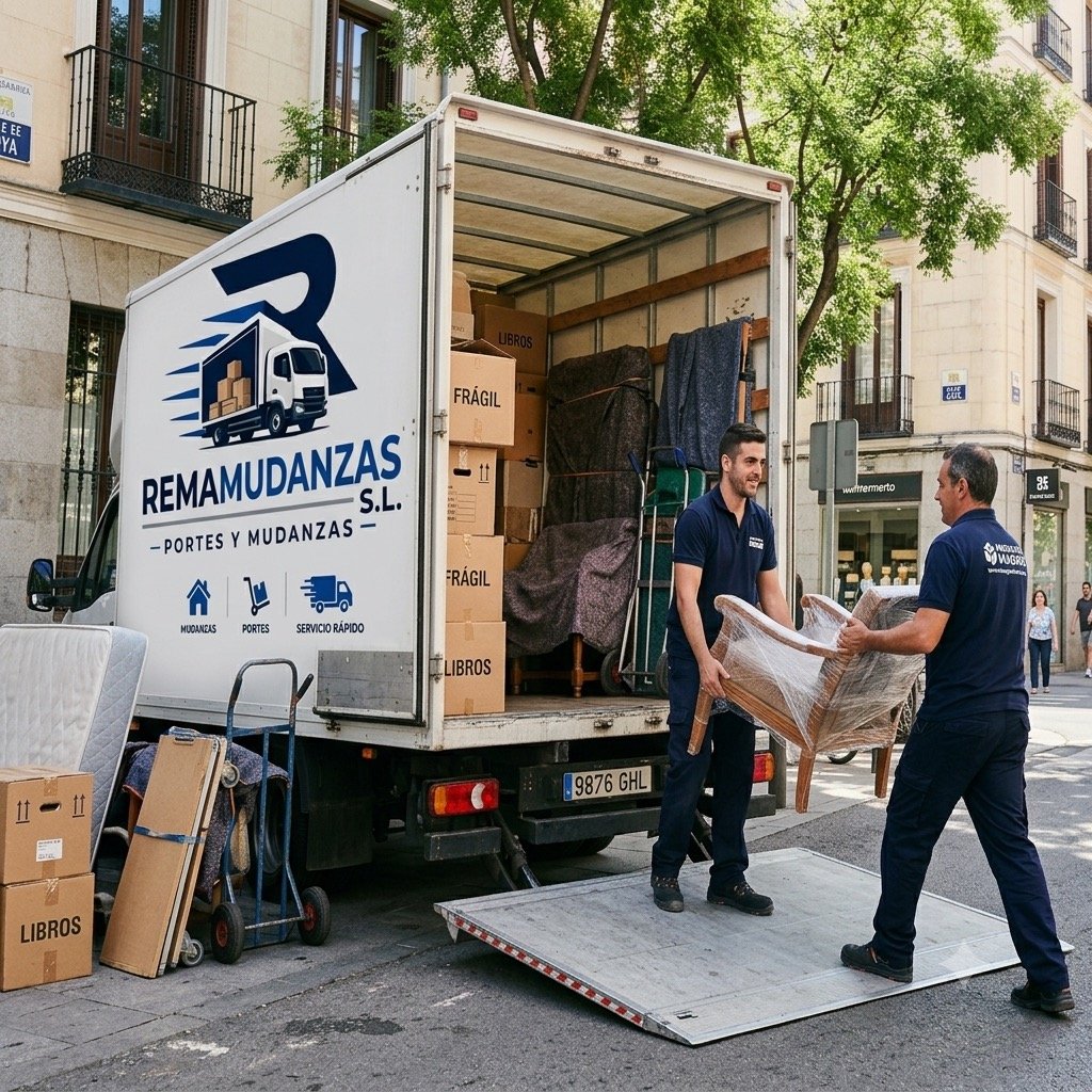 Equipo de mudanzas en Madrid cargando muebles con material de embalaje profesional